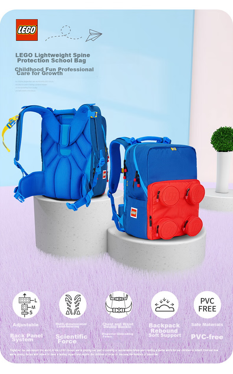 LEGO Backpack for Elementary School Students Grades 1-5, Adjustable Shoulder Bag with Double Compartments, Foldable, Pink Unicorn Design, Model 20209 3