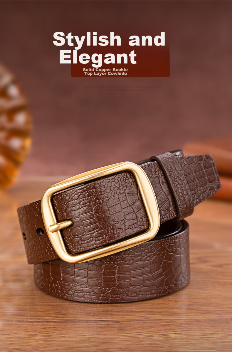 Cattlesboss Men's Belt, Alligator Pattern, Top-Grain Leather, Pin Buckle with Copper Clasp, 1986 Gift for Dad, Dark Brown, 110cm 1