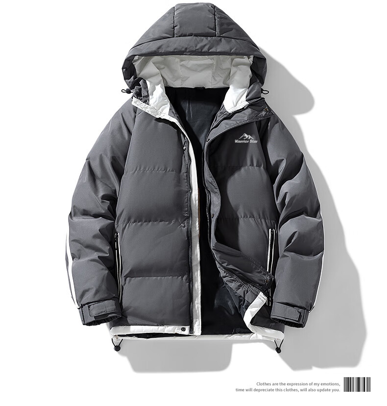 Warrior Men's Cotton Padded Jacket Autumn Winter Hooded Solid Thick Warm Outdoor Cold-Resistant Trendy Puffer Coat 14