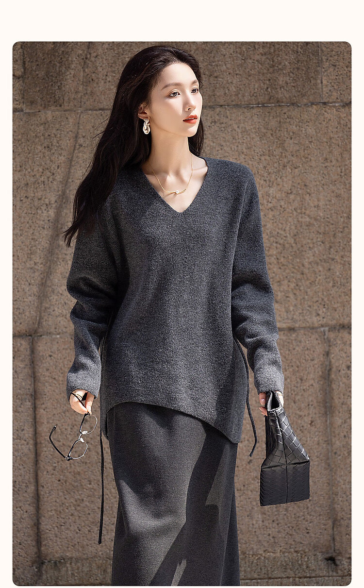 Dme French Ladylike V-Neck Adjustable Elastic Waist Knit Sweater Women's Top, Dark Gray, S 1