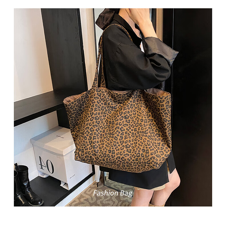 40,000 Kilometers Commuter Leopard Print Canvas Bag Women Fashion Korean Style Casual Versatile College Tote Bag Large Capacity Shoulder Bag 7
