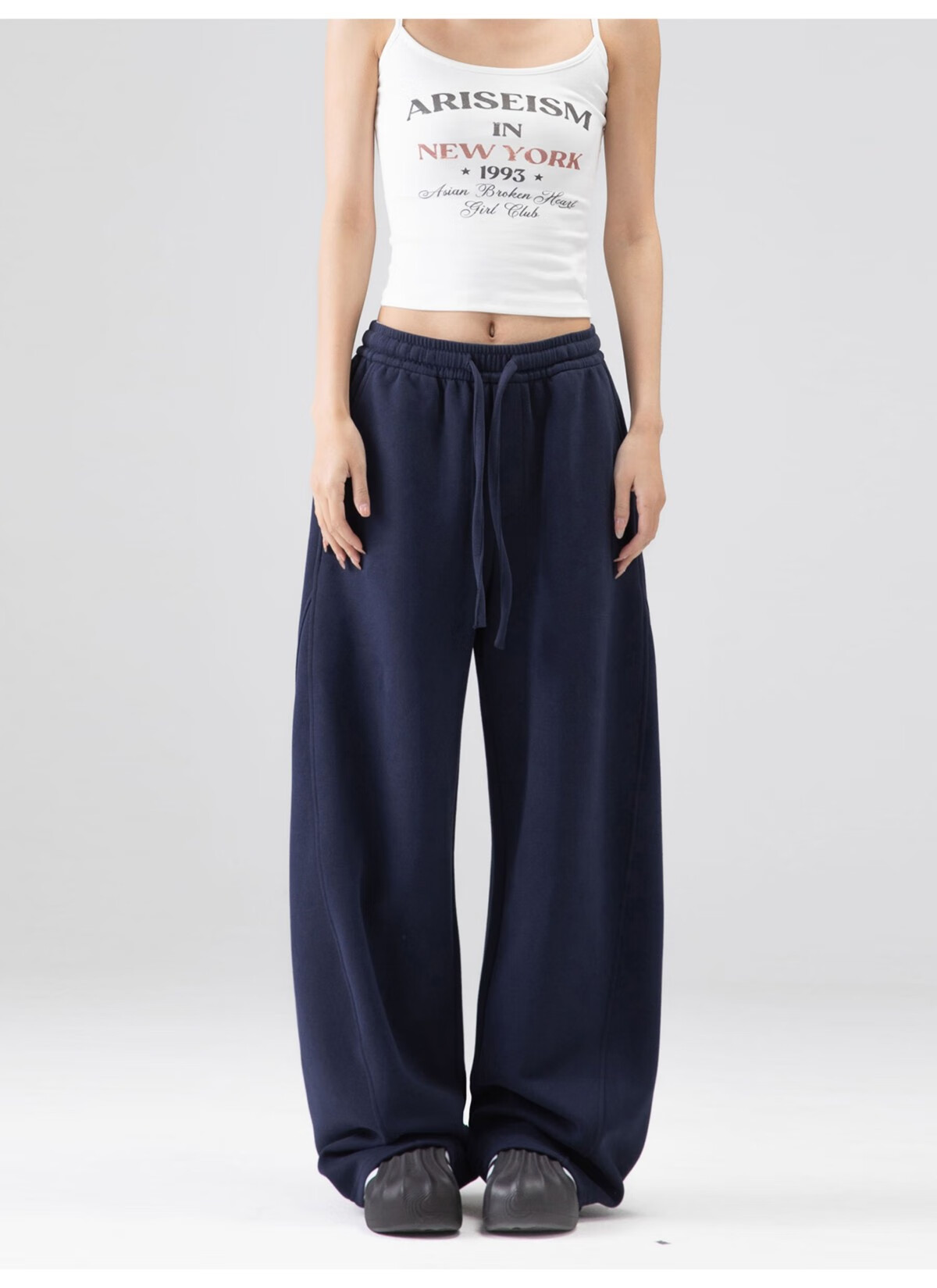 ICH MODE Women's American Style Sweatpants Sports Pants Spring Autumn New Loose Wide-Leg Casual Pants Curved Cut Navy Blue L 14