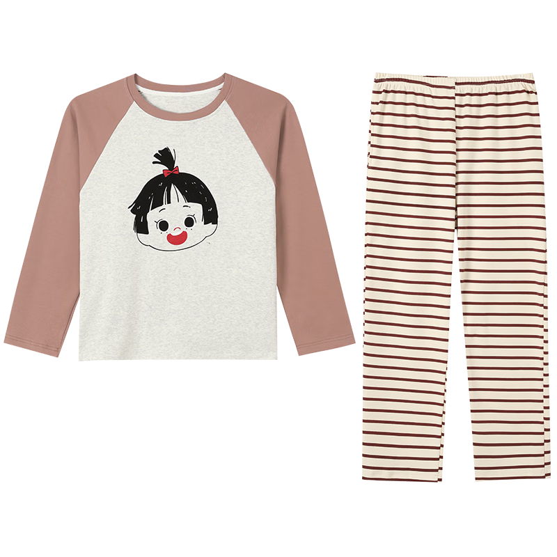 Hodo Children's Homewear 100% Cotton Antibacterial Girls' Warm Long Sleeve Long Pants Pajama Set Khaki 150