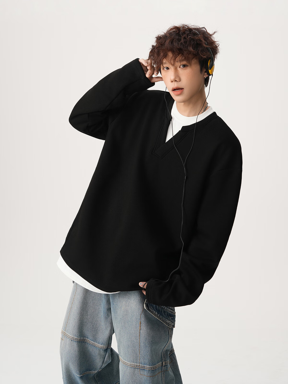 Foss Phil Men's Fake Two-Piece Long Sleeve Sweatshirt Autumn Winter Loose Fit Basic T-Shirt HT25764 Black 3XL 12