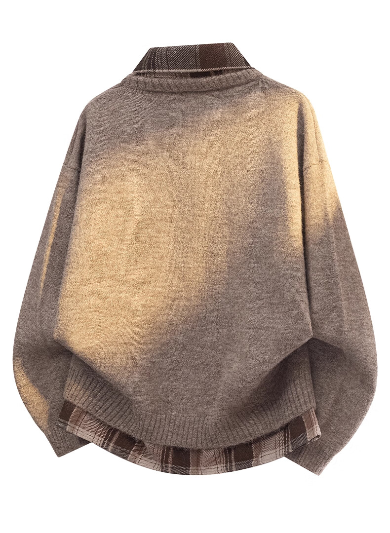 :CHOCOOLATE Men's Spring and Autumn New Fake Two-Piece Knit Sweater Jacket Loose Fit Long Sleeve Sweater Brown Camel 3XL 16