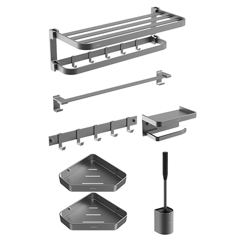 JOMOO Bathroom Storage Rack, Towel Holder, No Drilling Required, Thickened Bathroom Accessories, Gun Gray, 7-Piece Set, 93066T7