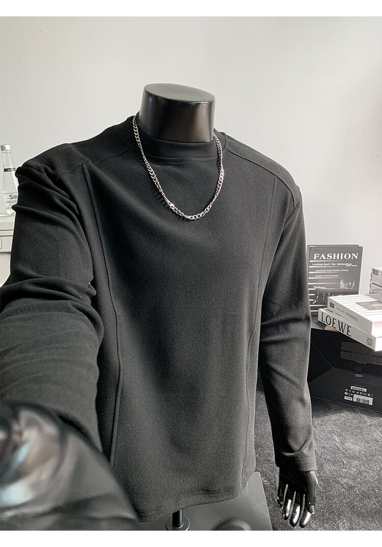 CLOR Patchwork Double-Sided Velvet Long Sleeve T-Shirt Men Spring Autumn Warm Pullover Crew Neck Base Layer CXT06 Black L 14