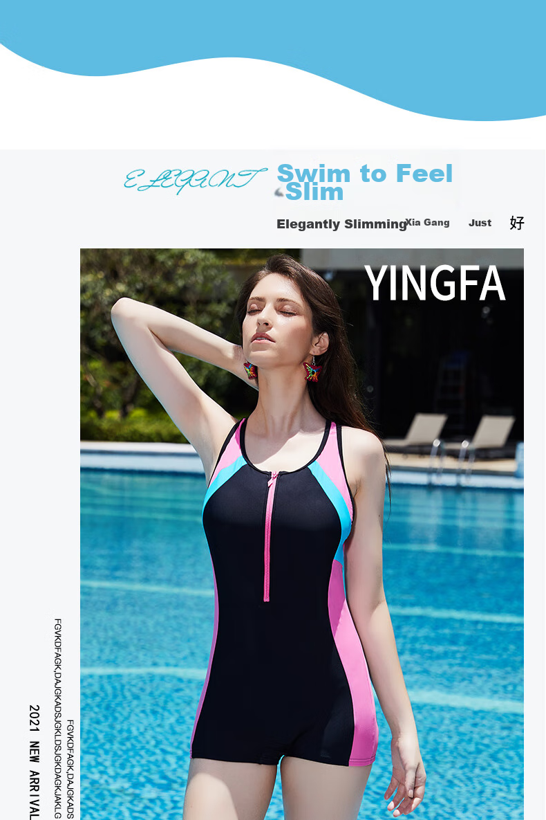 YINGFA Casual Boyshort Swimsuit for Women, Solid Color Patchwork Zipper Slim-Fit Athletic One-Piece Swimwear for Hot Springs And Sports 4