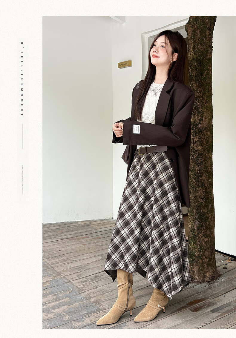 BOPRUIEY Vintage Plaid Irregular Women's Skirt 2025 New Autumn Winter A-Line Casual Mid-Length Skirt 21