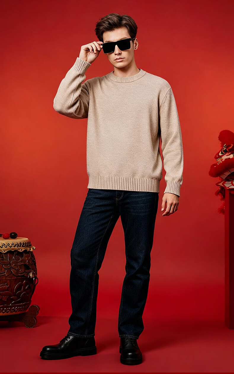 JEEP SPIRIT Jeep 2026 Year of the Horse Wine Red Men's Crew Neck Wool Sweater Winter Warm Knitwear 1