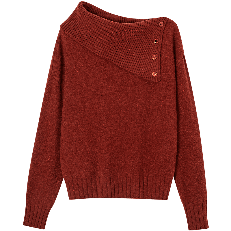 Demana Red Rose Nocturne Winter Vintage Elegant Asymmetric Neckline Slimming Knit Sweater for Women