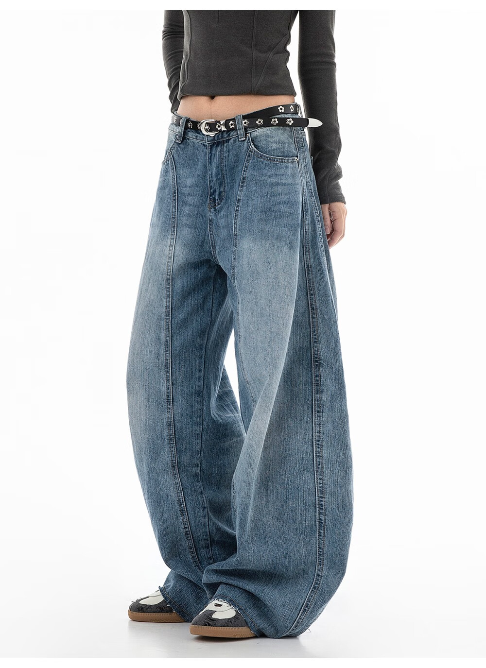 ICH MODE Women's American Vintage Washed Denim Jeans Spring Autumn Loose Straight Leg Curved Cut Casual Wide Leg Pants Blue XL 13