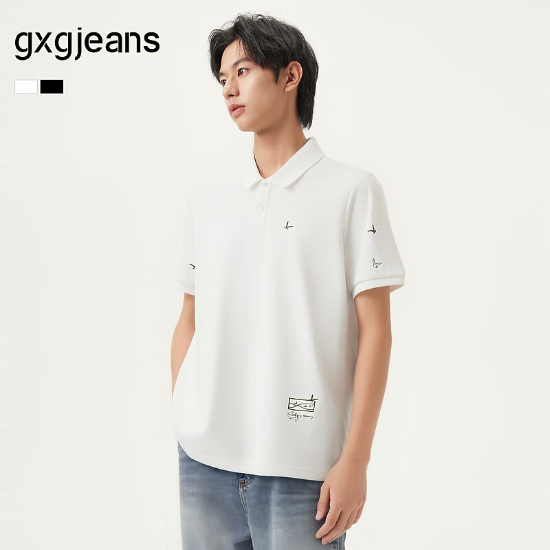 Gxgjeans Men's Embroidered Casual Fashion Polo Shirt with Turn-down Collar Short Sleeve 25 Summer New White 170/M