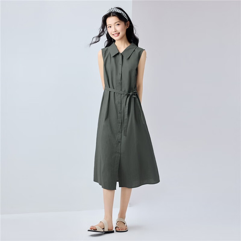 Giordano Sleeveless Linen Dress for Women, Summer New Style, Cotton-Linen Lightweight Tie-Up Collar Vest Dress 13465353