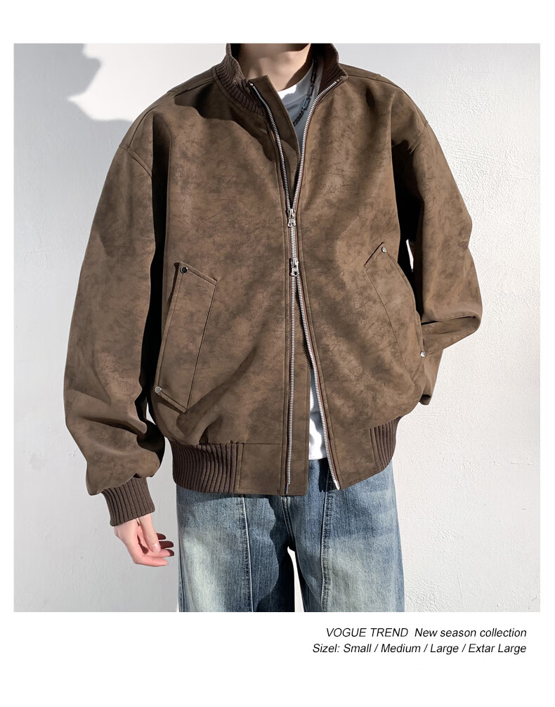 Foss Phil Men's Flight Jacket Spring Autumn Mallard Retro Stand Collar Casual Leather Jacket JK852 Coffee Color 2XL 11