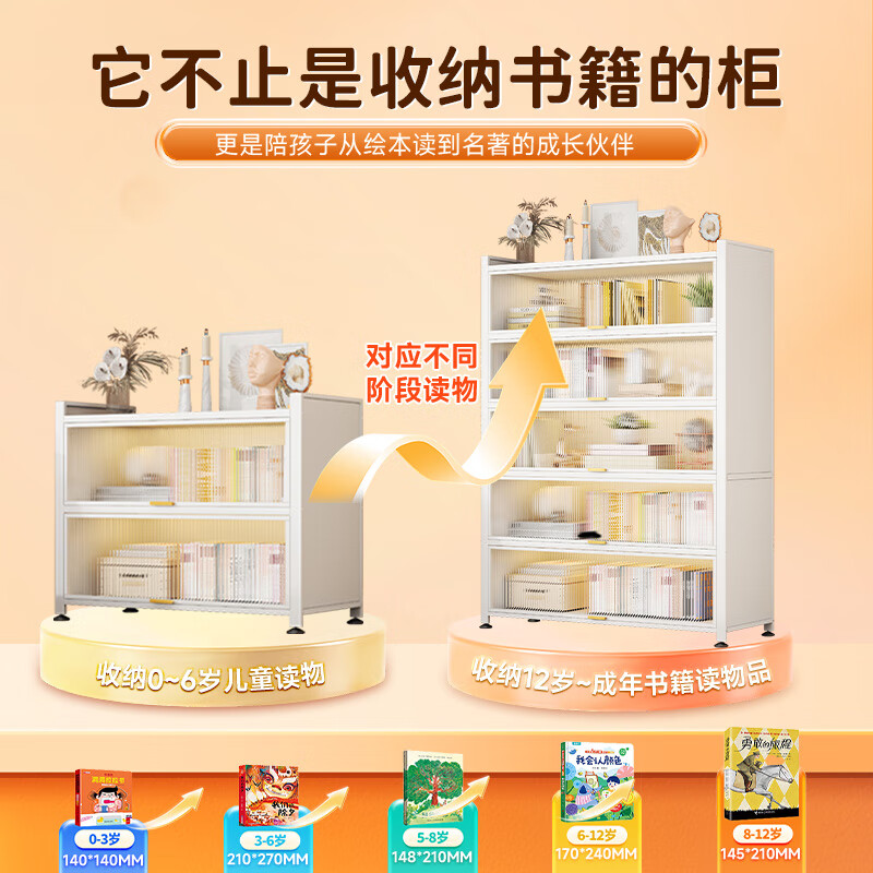 Tangji Steel Children's Bookshelf Storage Cabinet Vertical Storage Cabinet Wall-mounted 2-Door 60cm Length