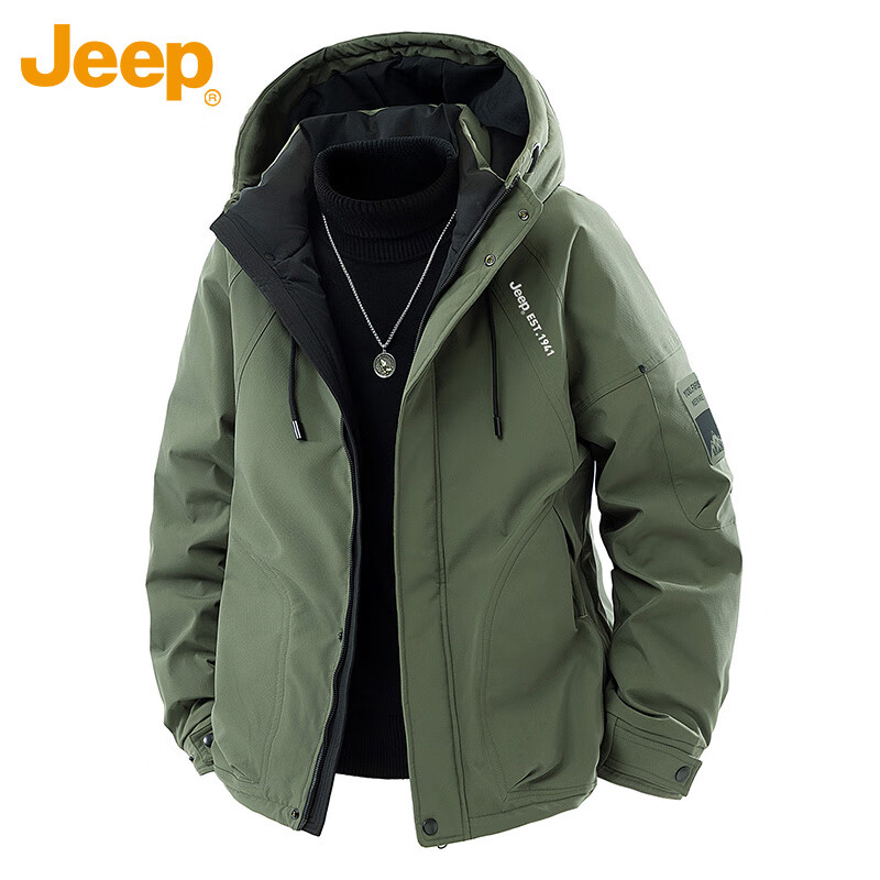 JEEP Men's Winter Short Hooded Down Jacket Warm Casual Military Green 2XL