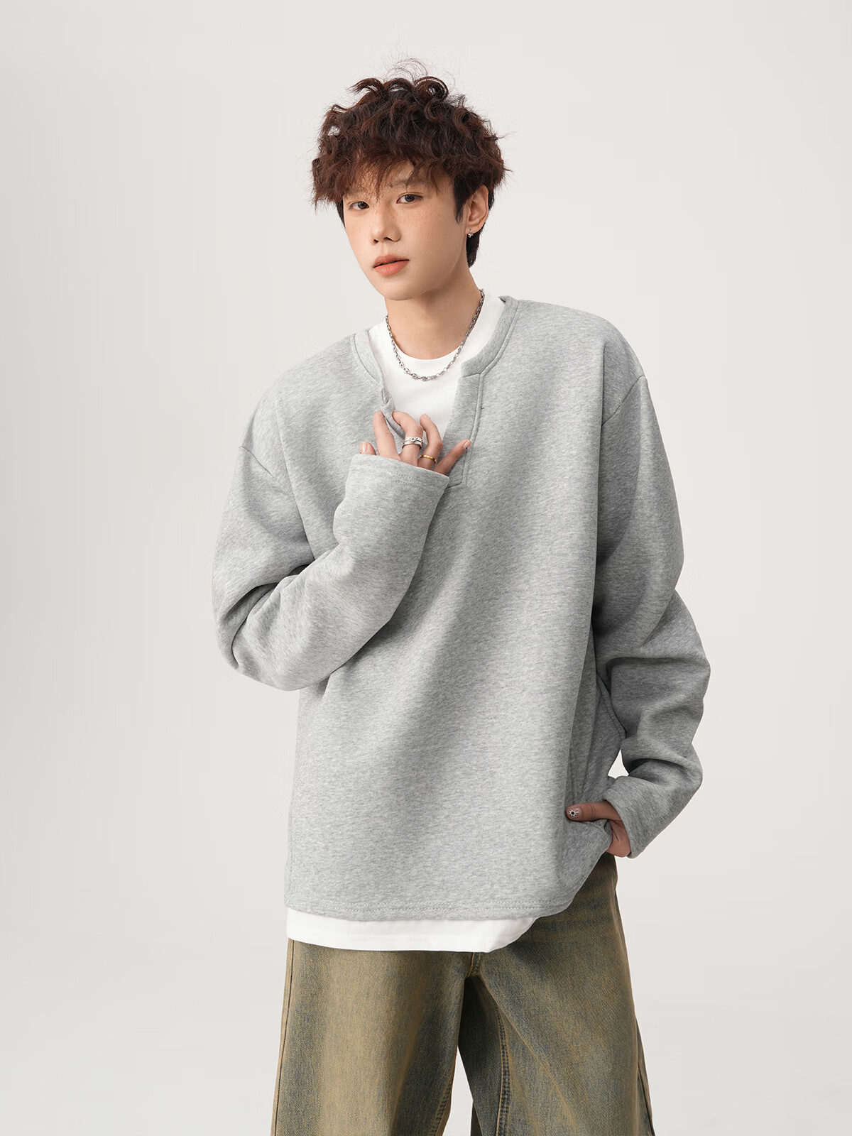 Foss Phil Men's Fake Two-Piece Long Sleeve Sweatshirt Autumn Winter Loose Fit Basic T-Shirt HT25764 Black 3XL 4