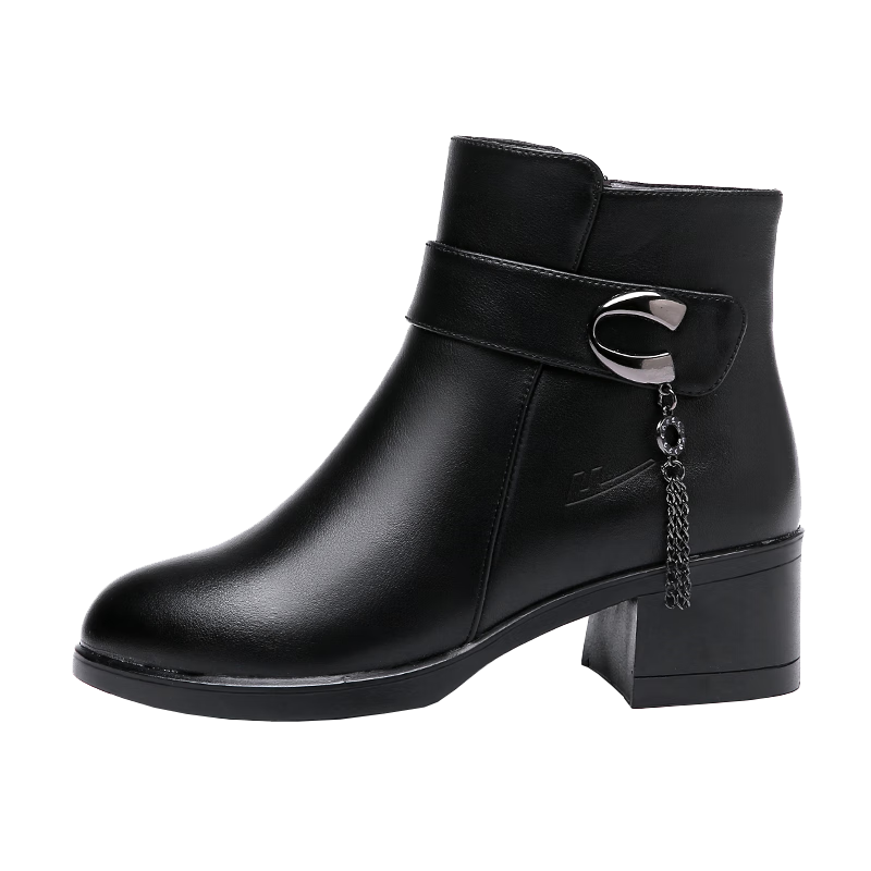 Warrior Mom Shoes Middle-aged Winter Short Boots Fleece Lined Non-slip Cotton Warm Mid Heel Elderly Women's Leather Shoes 0872 Black Sheep 40