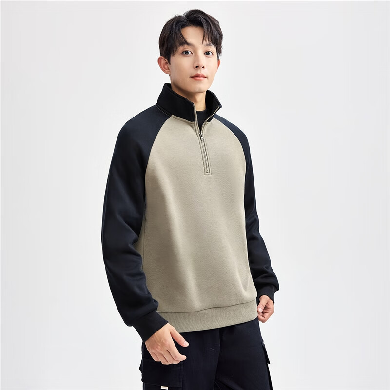 Giordano Fleece-Lined Sweatshirt for Men, New American-Style Color Block Raglan Sleeve Stand Collar Half-Zip Pullover Top 01025797