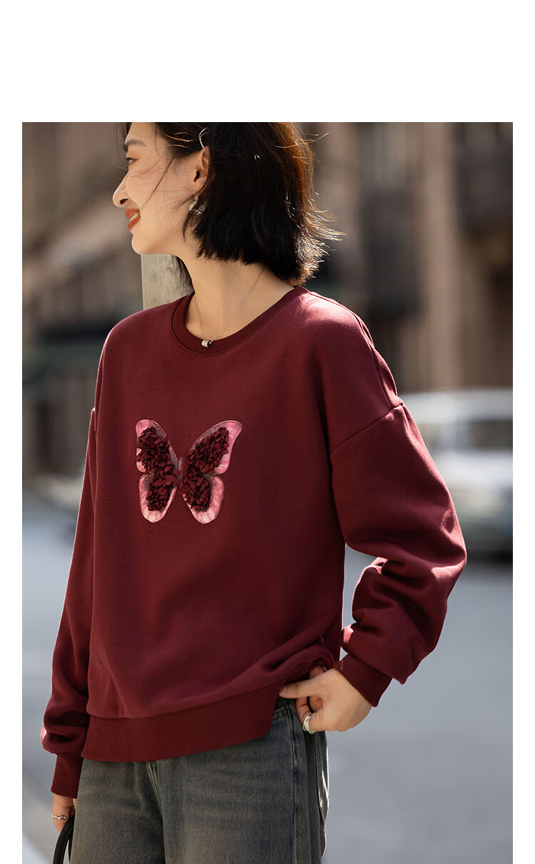 Demana [350G Thermal Outlet Fleece] Winter Crew Neck 3D Floral Butterfly Embroidered Loose Sweatshirt Top 14
