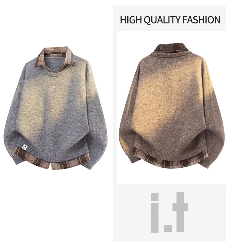 :CHOCOOLATE Men's Spring and Autumn New Fake Two-Piece Knit Sweater Jacket Loose Fit Long Sleeve Sweater Brown Camel 3XL 3