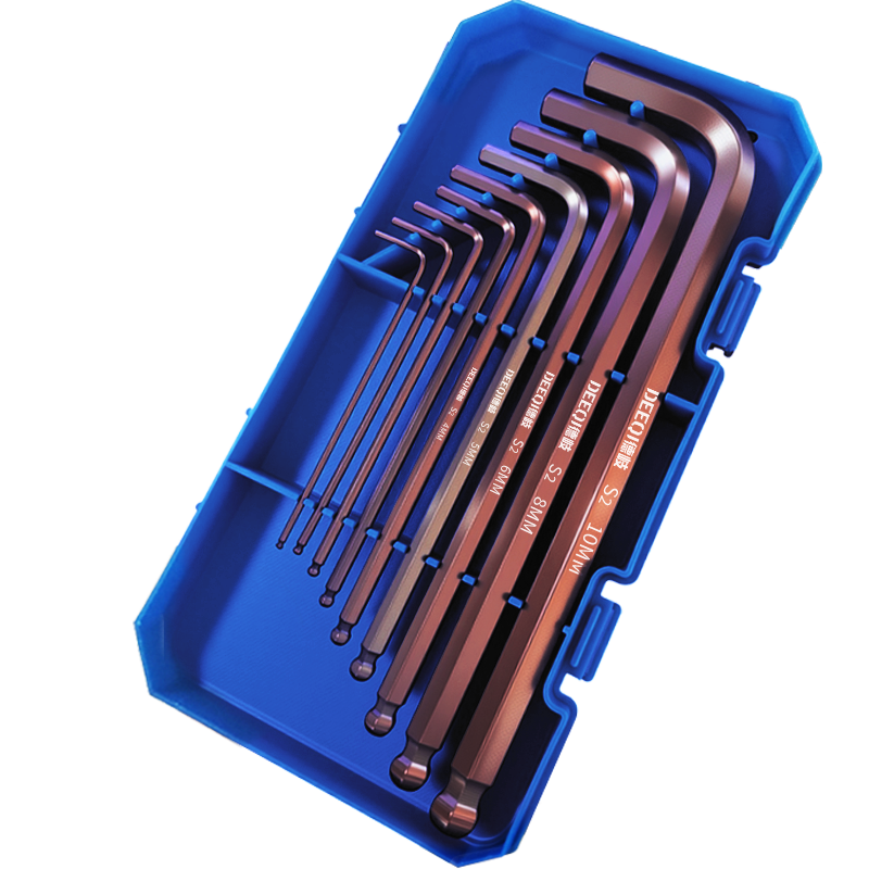 Deqi S2 Alloy Steel Hex Key Wrench Set, Antique Copper Rust-Resistant Flat Ball Hex Multifunctional Repair Tool 9-Piece Set