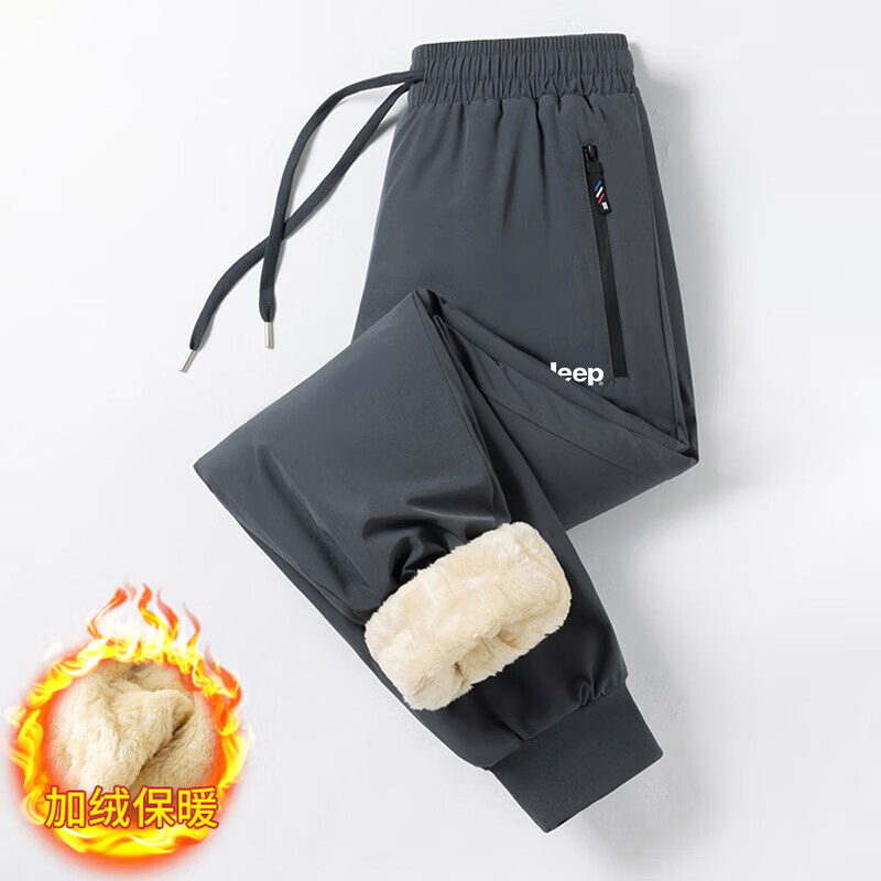JEEP Men's Casual Pants Autumn Winter Cotton Fleece Thickened Warm Straight Leg Trousers Black Flat Foot 3XL 2