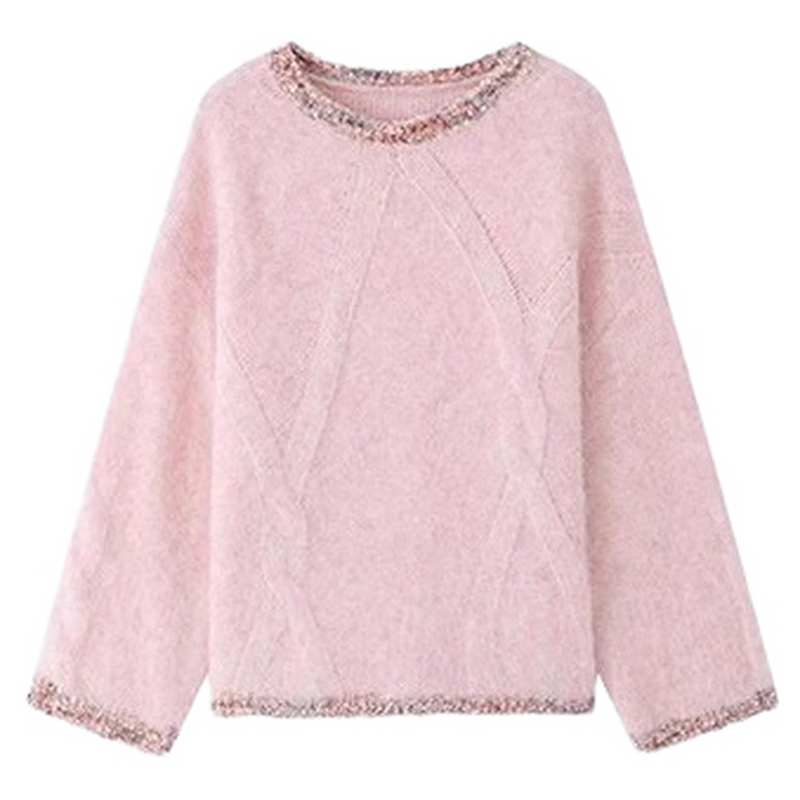 Mt [Fragrant Breeze Knit] Spring Light Luxury Round Neck Color-Block Edge Wool Blend Knit Sweater for Women