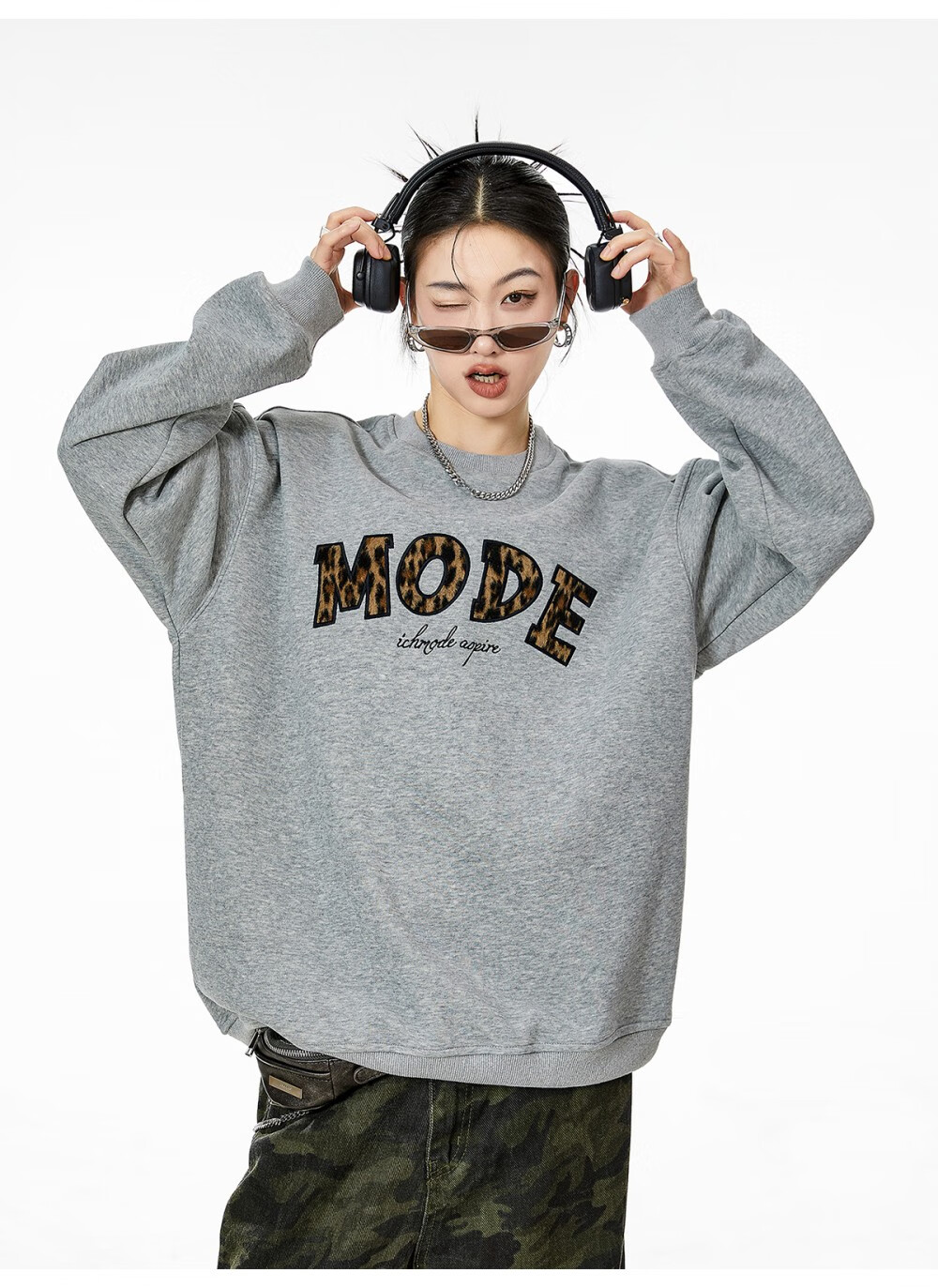 ICH MODE American Style Gray Crewneck Sweatshirt Women 2026 Spring New Loose Casual Jacket Top Light Gray S 5