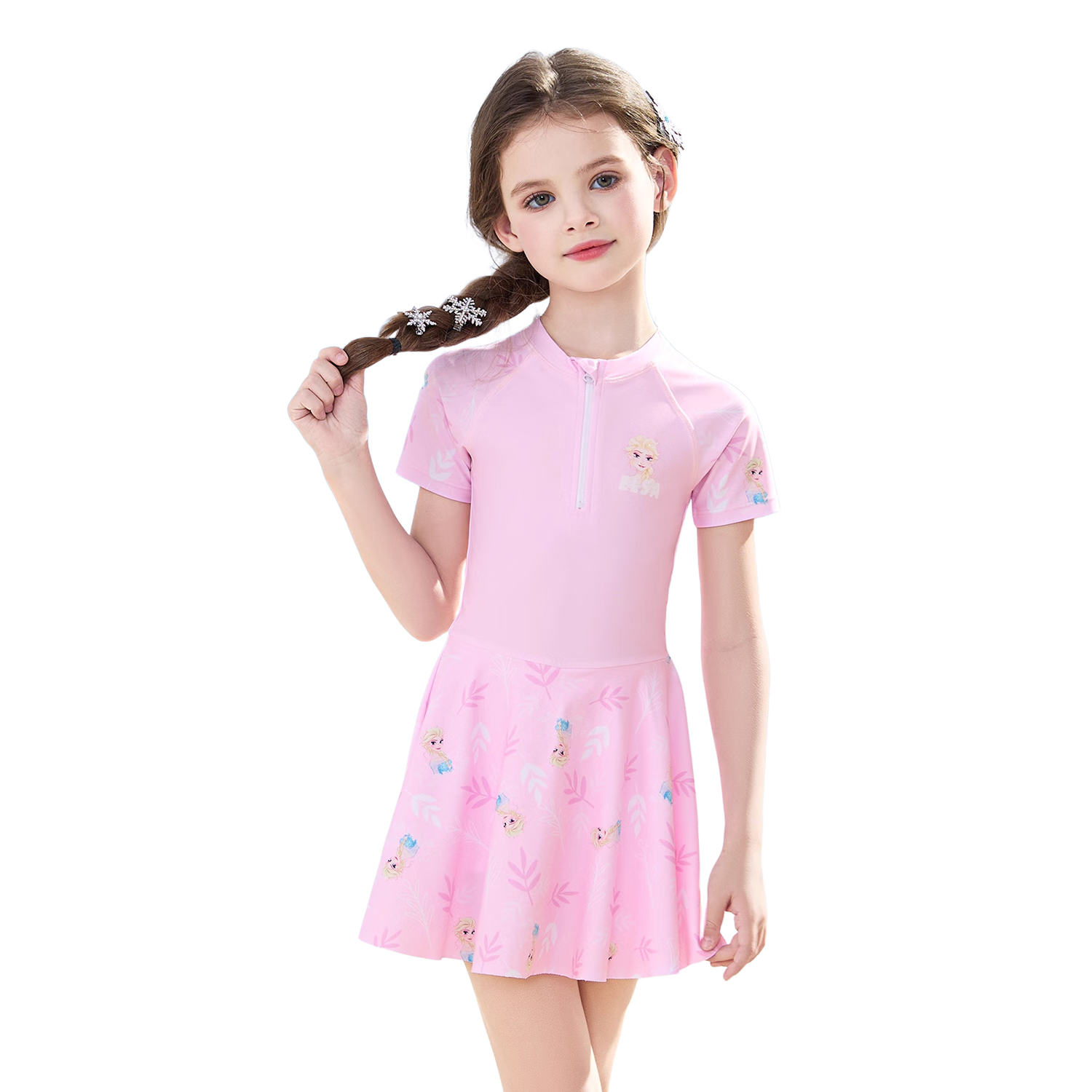 Disney Girls' Children's Swimsuit Dress Large Kids Class A Hot Spring Swimming Two-Piece Set D35377 Elsa Princess Pink 130