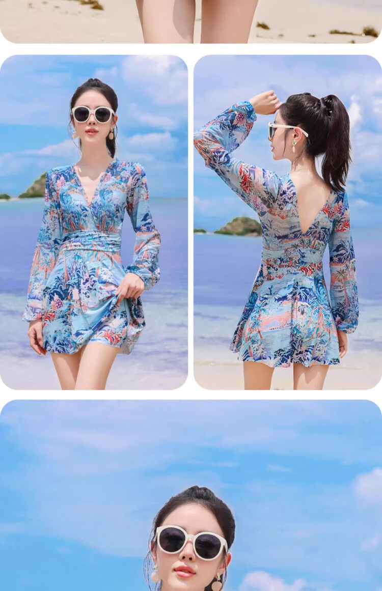 Xtep Women's Long Sleeve Swimsuit High-End Fashion Conservative Slimming One-Piece Skirt Style Plus Size Girl Tummy Control Hot Spring Vacation Swimwear 15