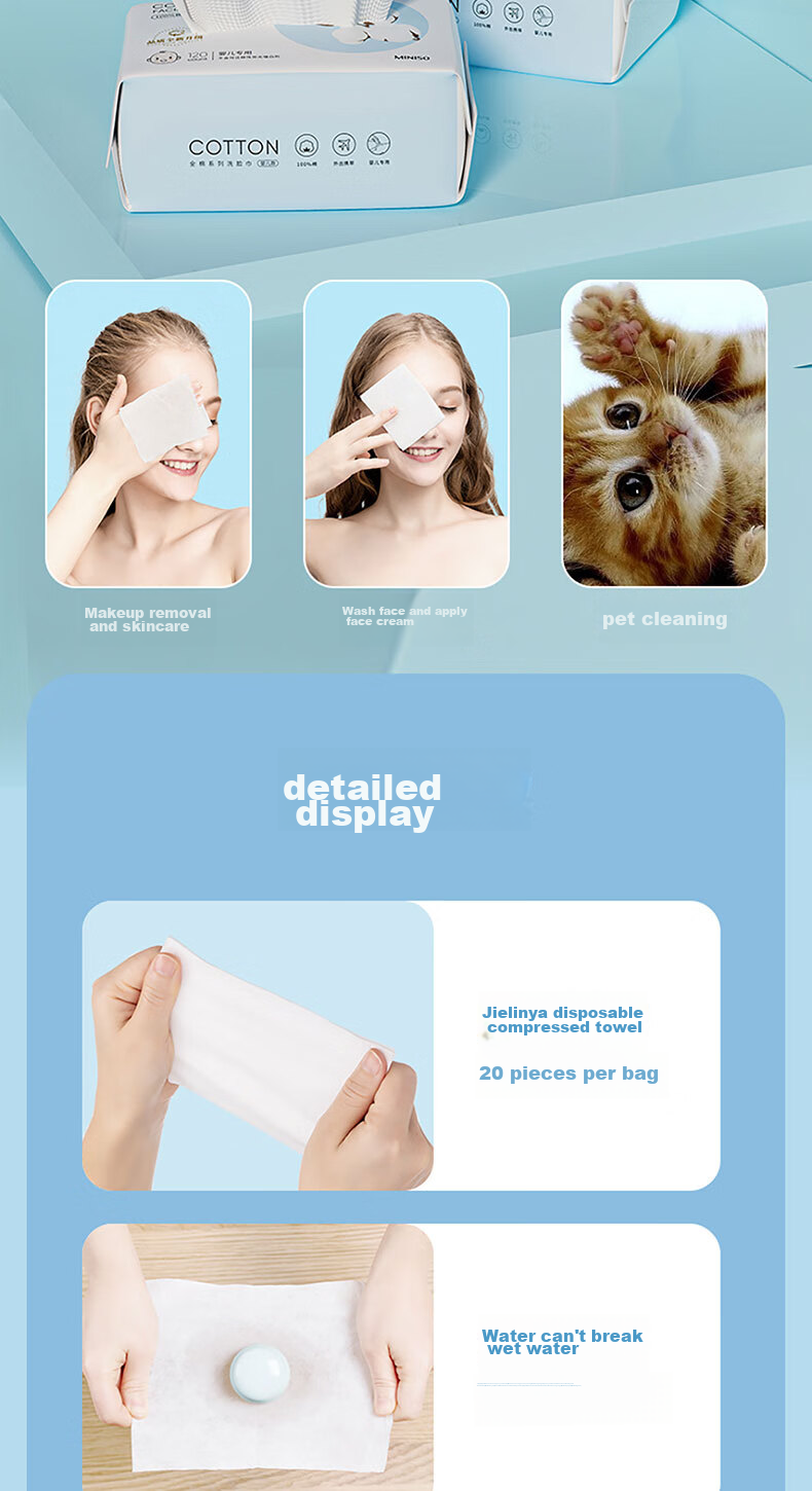MINISO 100% Cotton Facial Wipes 70pcs x 3 Packs 20x20cm Disposable Pure Cotton Soft Towels Extra Large Thickened New Packaging 4