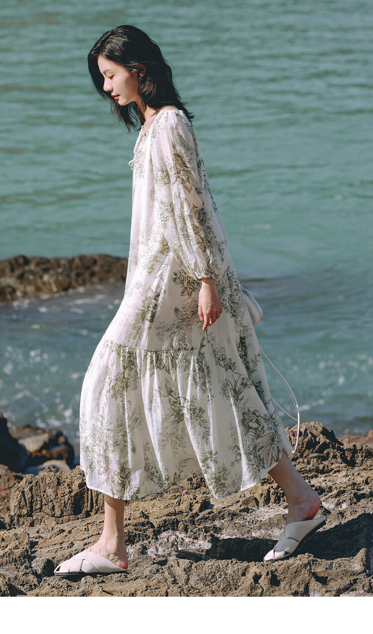 Dme Elegant Floral Print Long Dress, Artistic Ink Painting Design, Slimming One-Piece Dress, Floral Print, Size S 10