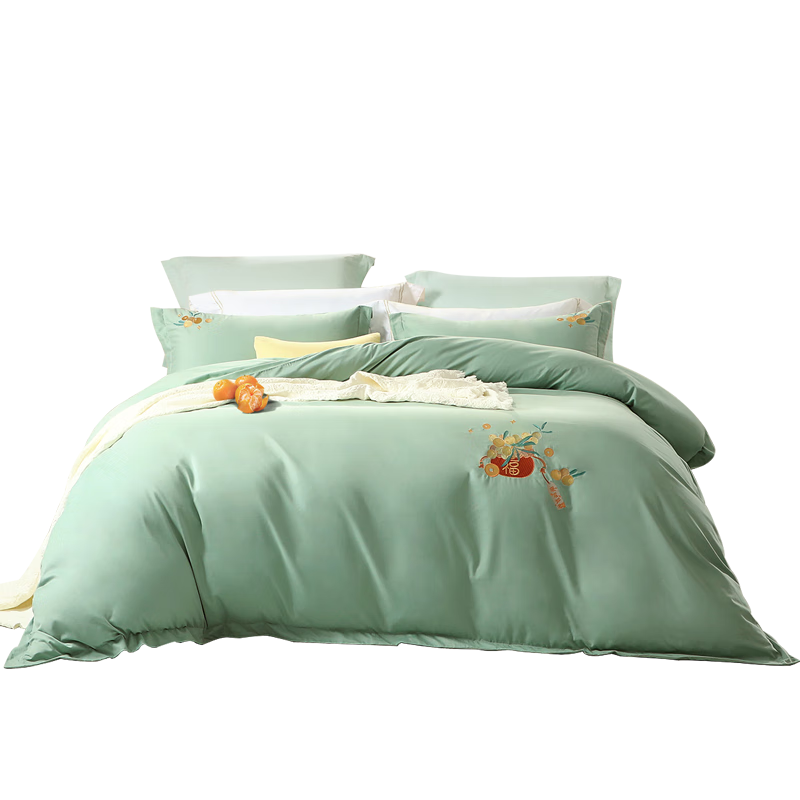 Fuanna 60s Long-Staple Cotton 4-Piece Bedding Set Thickened Pure Cotton Brushed Embroidered Quilt Cover Sheet Double Extra Large 230x229cm Green