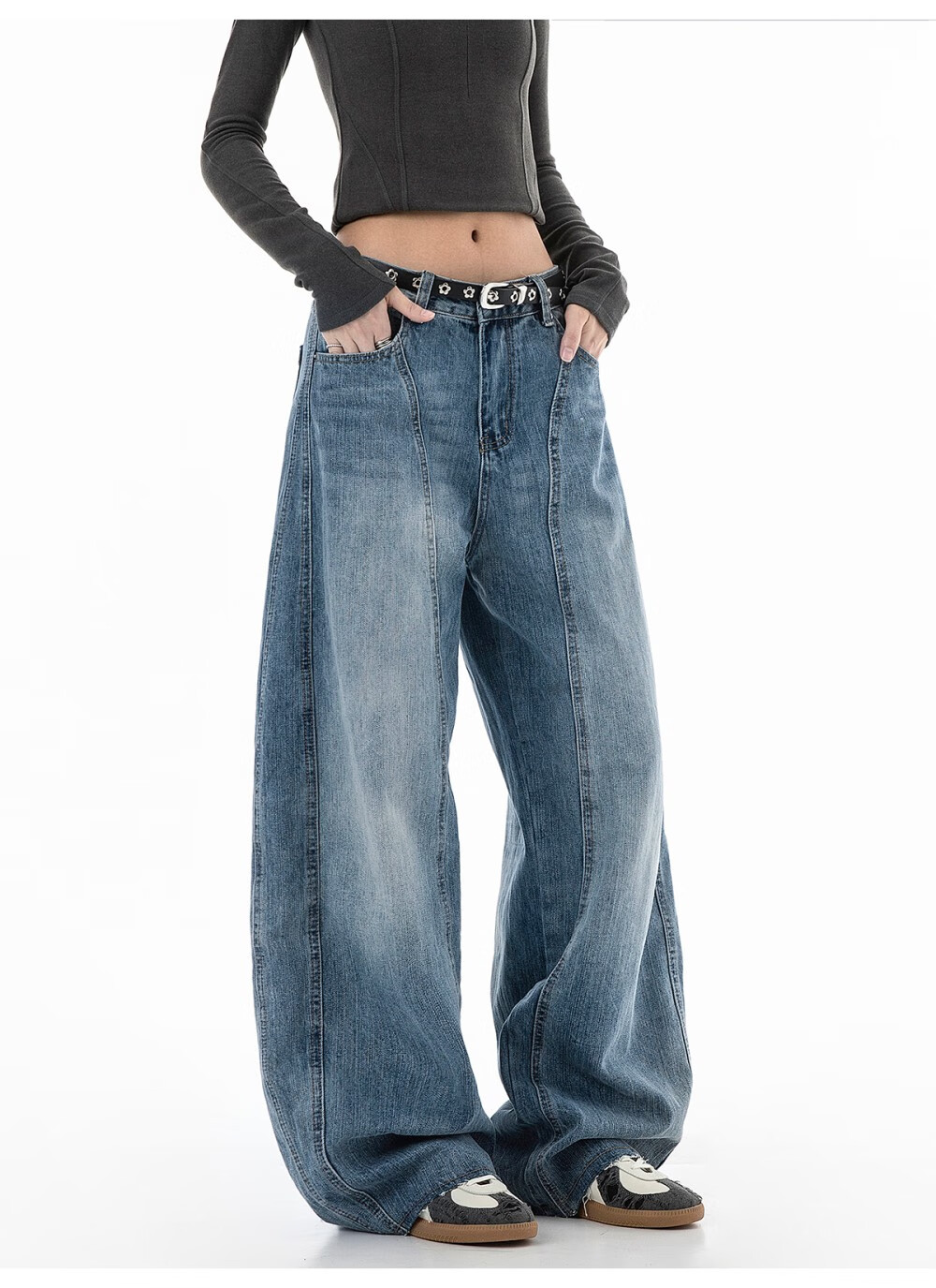 ICH MODE Women's American Vintage Washed Denim Jeans Spring Autumn Loose Straight Leg Curved Cut Casual Wide Leg Pants Blue XL 14