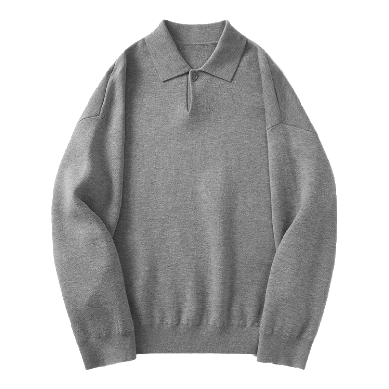 MARKLESS Men's Casual Pullover Knit Sweater, Long Sleeve, Spread Collar, Drop Shoulder, Machine Washable, Moon Gray, Size L, Model 5703