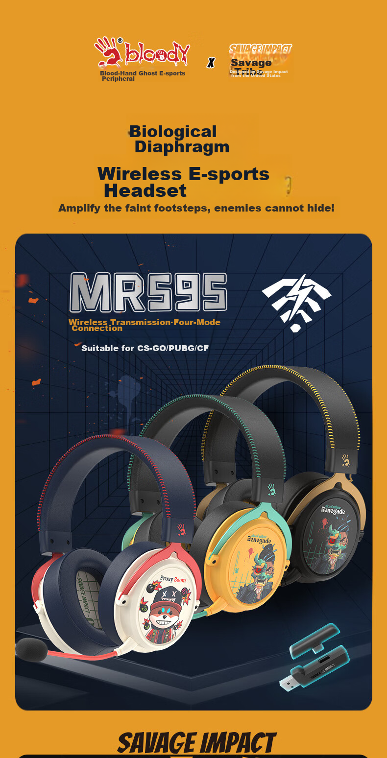 A4TECH Savage Tribe MR595 Wireless/Bluetooth/Wired Gaming Headset, Over-Ear Blood Hand Phantom, PUBG CS Lightweight Delta Valorant Game, Reverse Yellow 1