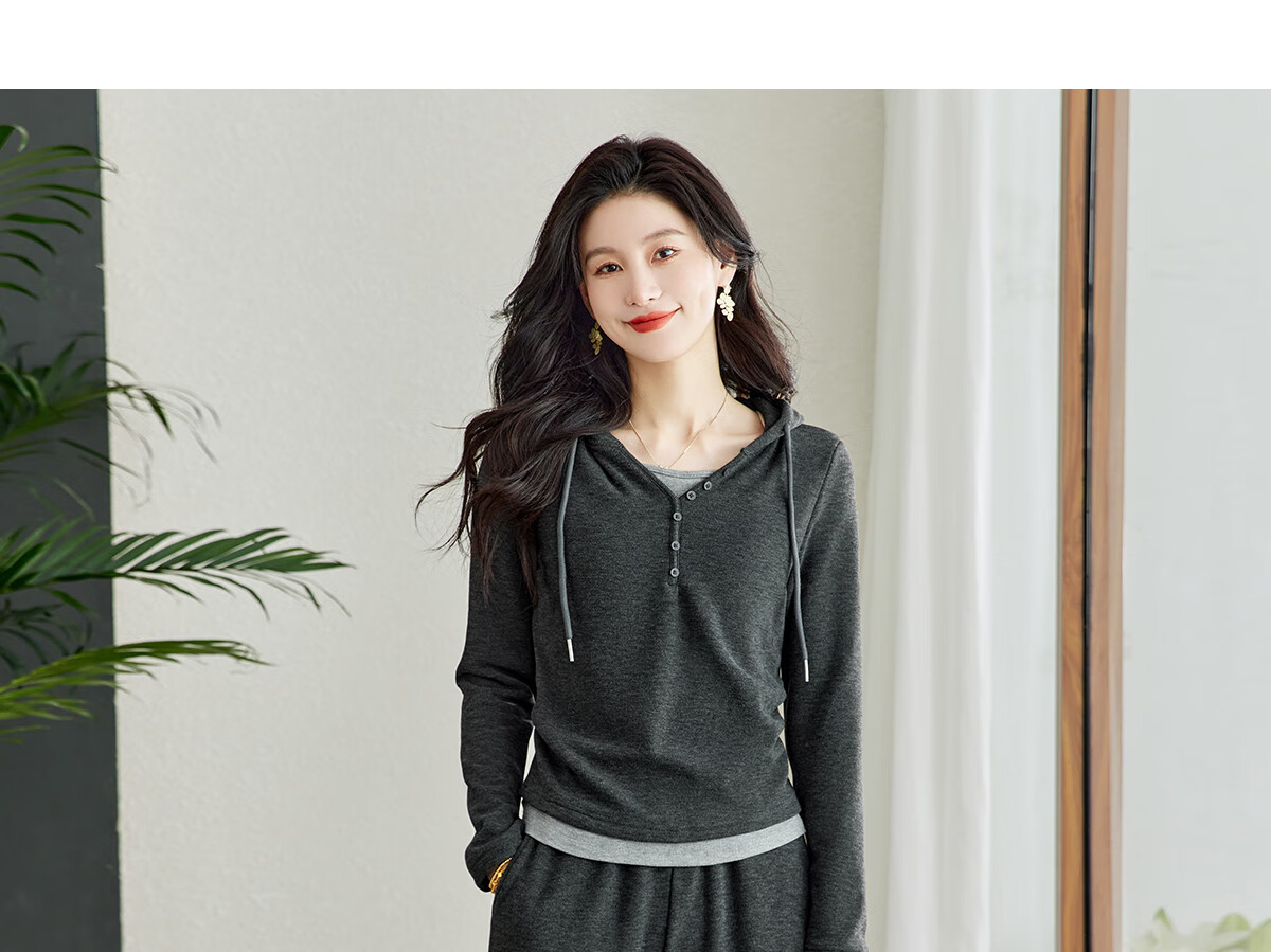 YUZHAOLIN 2025 Spring Casual Set Fake Two-Piece Sports Style Hooded Top with Straight-Leg Pants Set Y51K078 17