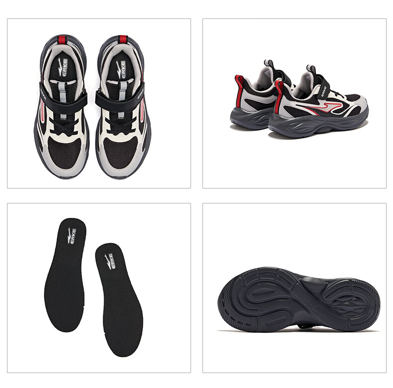 ERKE Kids Unisex Sports Shoes Children's Mesh Basic Running Shoes Microcrystal White/Black/Gravel Gray Size 38 38