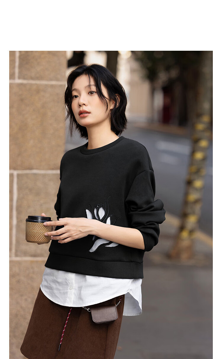 Demana Fresh Cloud Oxygen Cotton Spring Autumn Design Hollow Out Fake Two-Piece Loose Stretchy Slimming Sweatshirt for Women 5