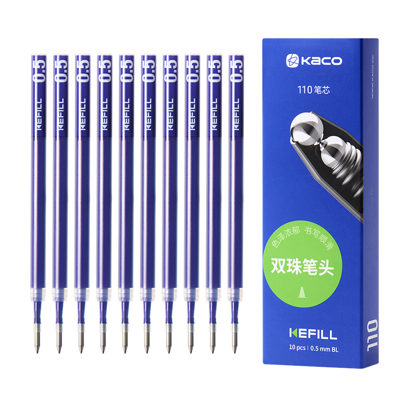KACO Double-Ended Writing Length Retractable Gel Pen Refill, 0.5mm Double Ball Bead Bullet Tip, Signature Pen Refill, Blue, No Leakage, 10 Pieces/box K1622