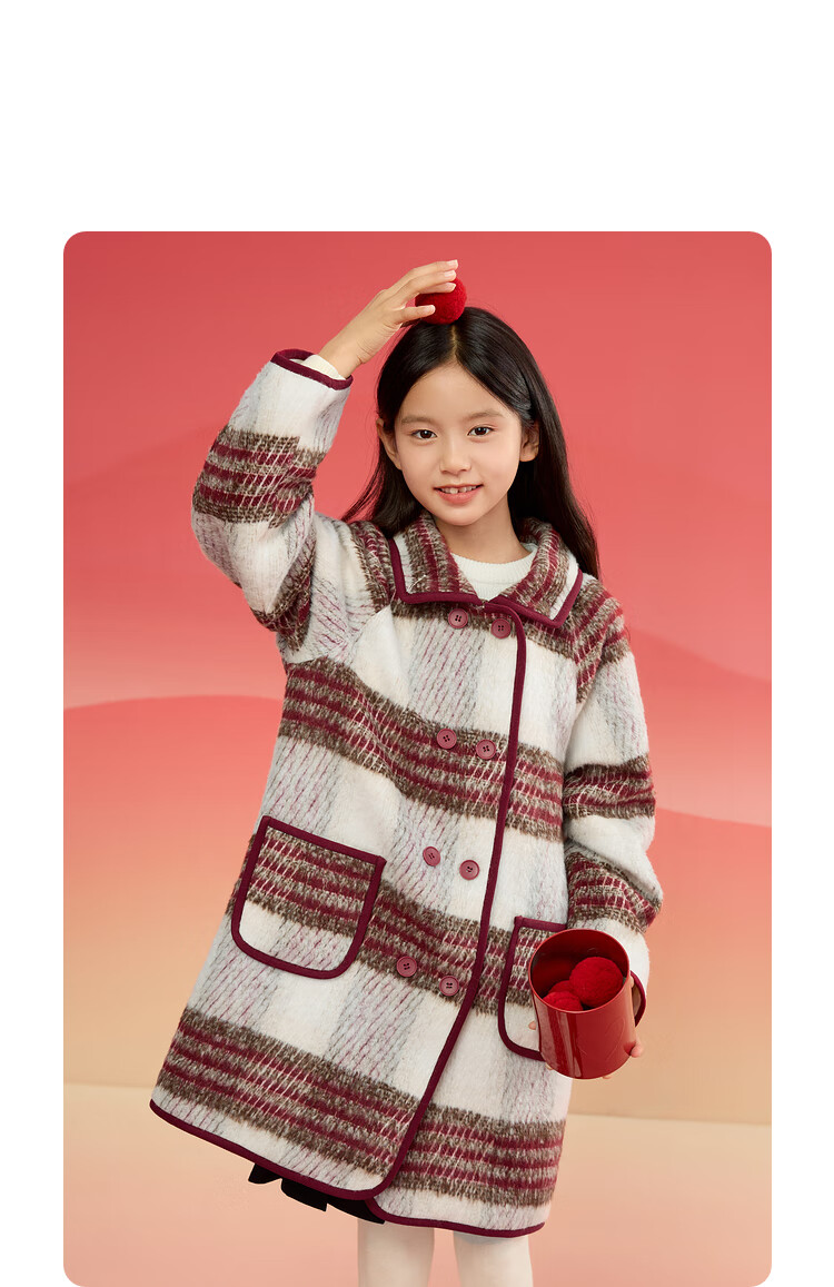 BALABALA Girls' Outerwear, Children's Spring And Winter Clothing, Toddler Vintage Plaid Wool Coat 2