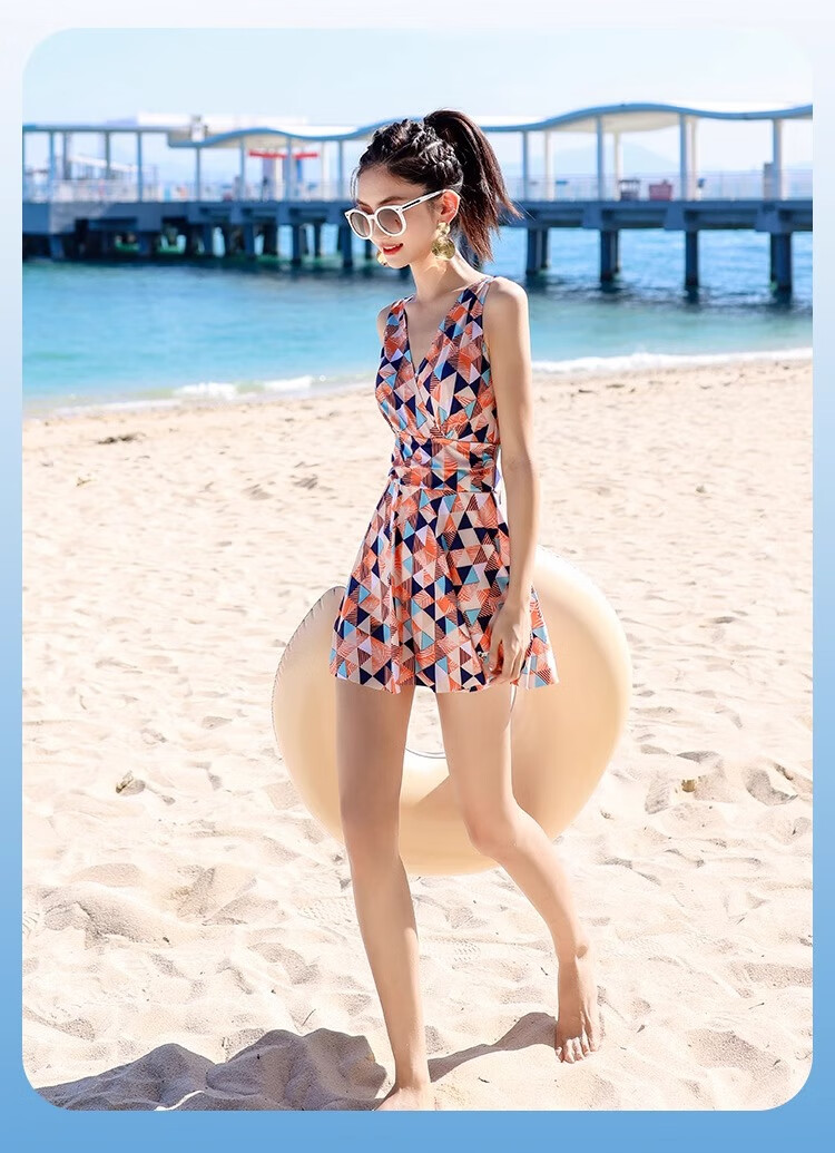 Xtep Women's Sun Protection Fashion Printed Conservative One-Piece Dress Swimsuit Slimming Beach Vacation Hot Spring Wear 5