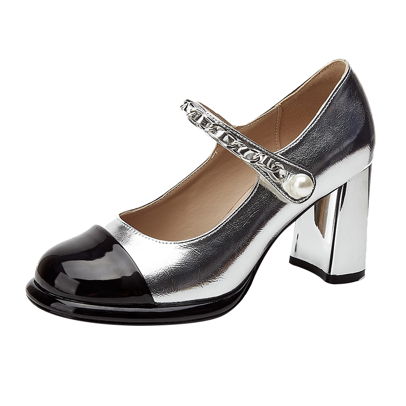 DAPHNE Women's Chunky High Heels, French Elegant Work Commute Date Night Pumps, Silver, Size 39