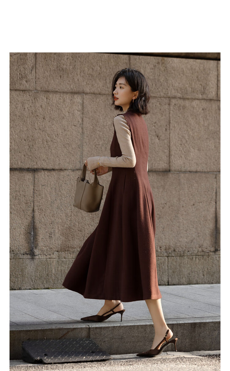 Demana Urban Mirror Winter Warm Textured Wool Sleeveless Waist-Cinched A-Line Dress with Fringed Round Neck 10