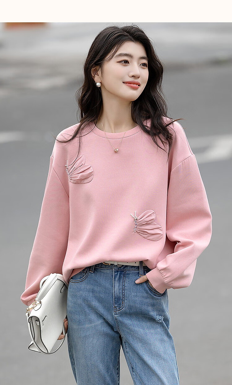 DME 350G Air Layer Spring 3D Butterfly Patch Beaded Loose Fit Flesh-Hiding Women's Sweatshirt 16