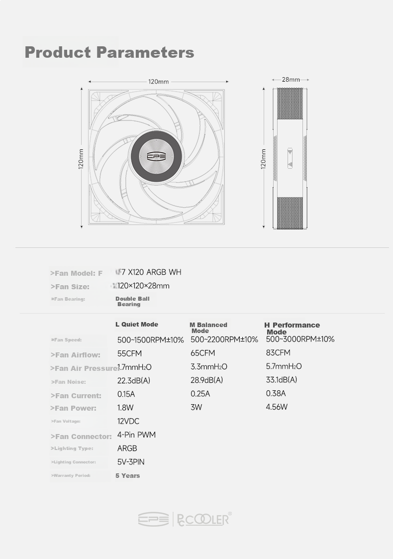 PCCOOLER Light Wing F7 X120 ARGB White, Jingye 12cm Case Fan, Wireless Building Block Connection/ARGB Lighting Sync/PWM Temperature Control Speed Adjustment/Dual Ball Bearing 16