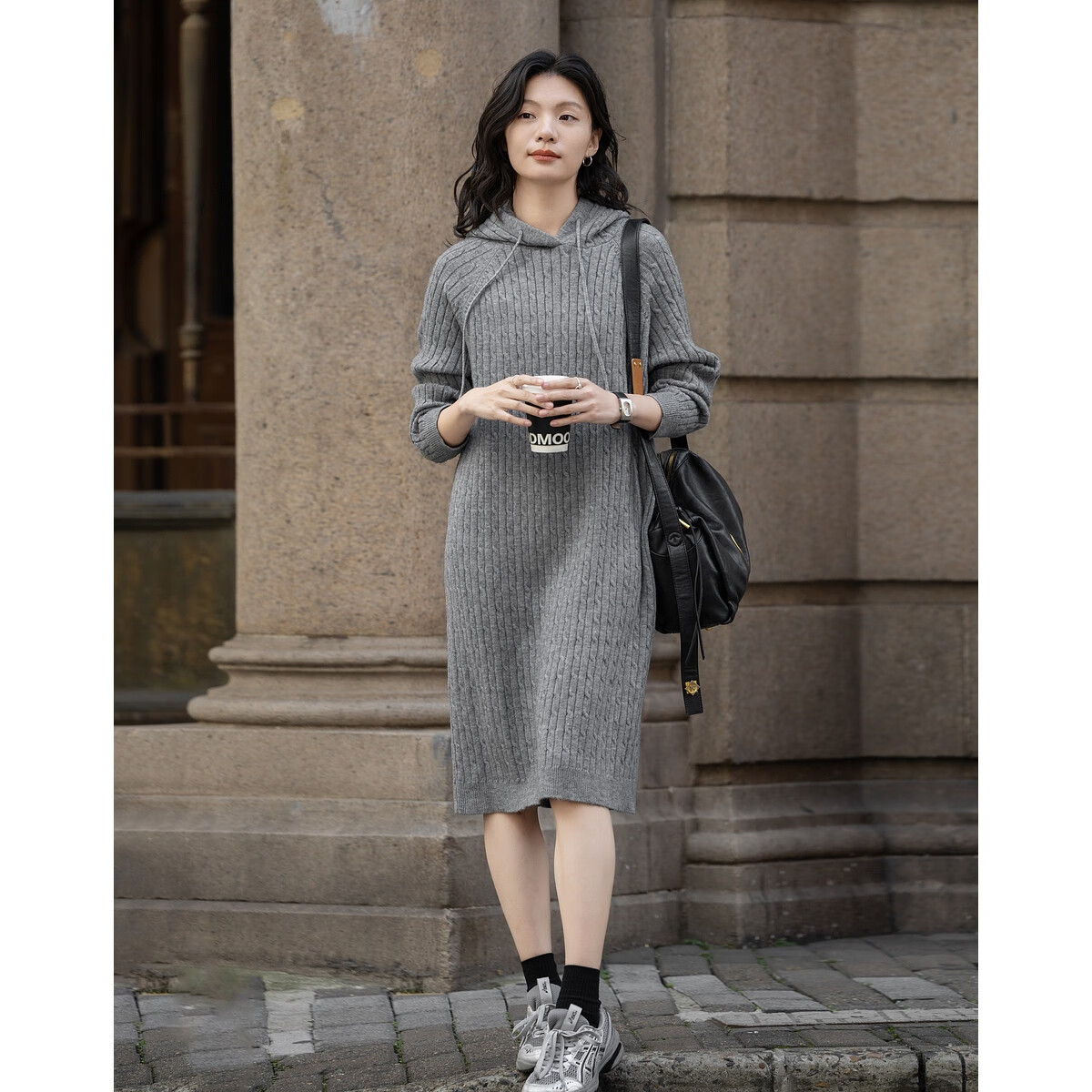 Demana Baby Skin Touch Spring Korean Style Hooded Cable Knit Loose Fit Mid-Length Dress for Women