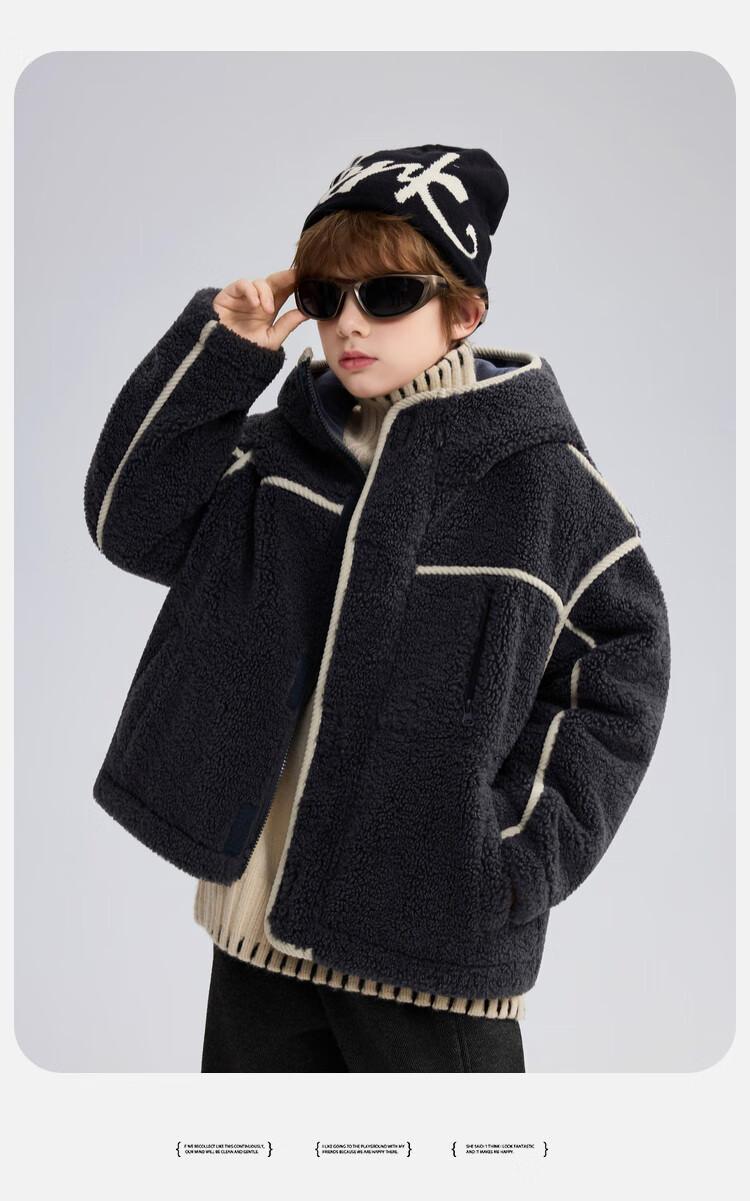 ASK JUNIOR Kids Plush Jacket 2025 Winter Hooded Windproof Coat Boys Casual Loose Fleece 18